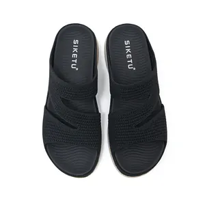 Top view of black SIKETU women's sports sandals with knitted hollow upper and thick sole