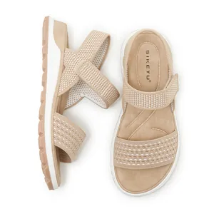 Top and side view of beige fly-woven sports sandals for women with TPR soft sole