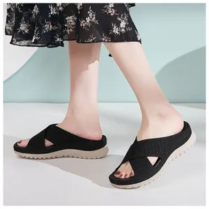 Detailed side view of women's black knit cross-strap athletic platform sandals and slippers