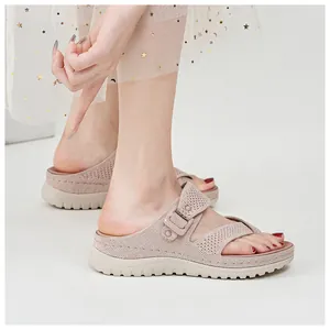 Side view detail of breathable women's casual mesh sandals with thick platform soles
