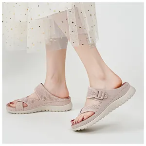 Side view of women's breathable mesh sandals with thick platform soles and buckle