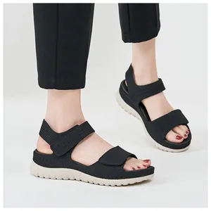 Close-up view of black platform sports sandals with breathable mesh straps and velcro
