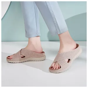 Detail view of stylish breathable knit mesh platform sandals shown on a model's feet.