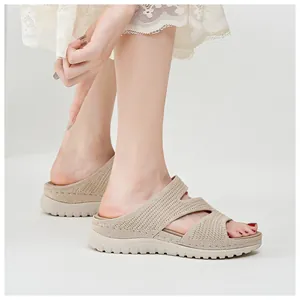 Detailed close-up view of beige knitted wedge sandals featuring thick tread platform soles