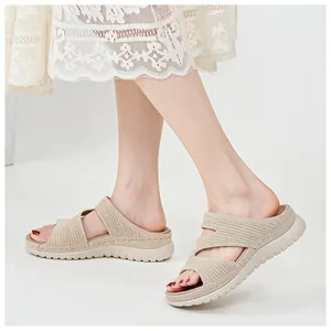 Close-up view of breathable woven platform sandals for women in stylish beige finish