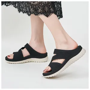 Breathable black mesh sports sandals for women with a hollow-out design and thick beige sole