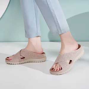 Comfortable fly-knit platform slide sandals for women with hollow-out cross straps
