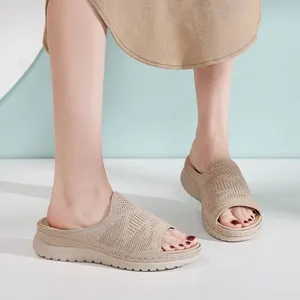 Sandalias de plataforma de punto beige para mujer, estilo deportivo informal de playa