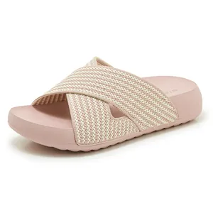 Close-up view of pink thick-soled slippers featuring a breathable woven cross-strap upper