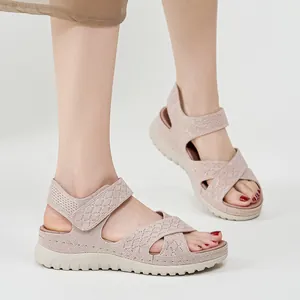 Comfortable pink knitted platform sandals with velcro straps for women's casual wear