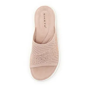 Top view of pink flyknit slide sandal with rhinestone embellishments on soft insole