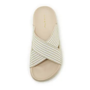 Top view of beige striped platform slide sandals with SIKETU logo on soft footbed