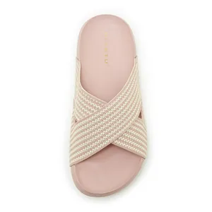 Top-down view of pink platform slides with breathable cross-strap fabric upper detail