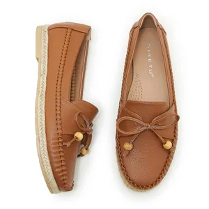 Women's brown leather loafers with bow detail and espadrille braided sole