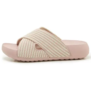 Lightweight pink platform slide sandal with criss-cross woven fabric strap for summer 2026