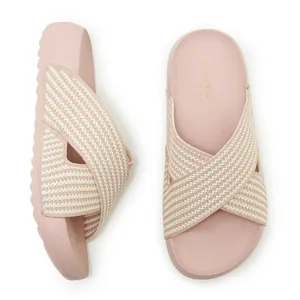 Lightweight pink platform slides with cross-strap knitted textile upper for women