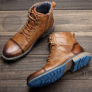 Bottes Martin vintage marron pour hommes avec semelles bleues et fermeture éclair latérale