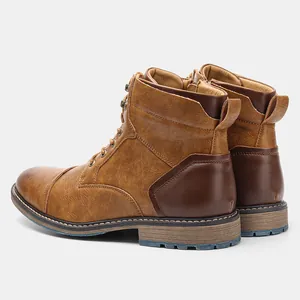 Detailed back view of men's retro tan leather Martin boots featuring a side zipper