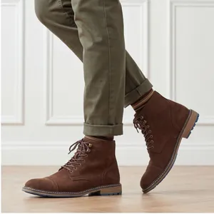Vintage brown suede men's work boots with durable thick sole and lace-up design