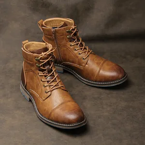 Bottes Martin vintage en cuir marron pour homme avec lacets et fermeture éclair latérale