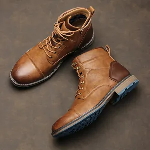 Bottes Martin vintage marron pour homme avec fermeture éclair et finition en cuir ciré