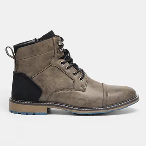 Side profile view of high-quality vintage distressed brown men's lace-up martin work boots