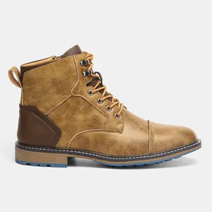 Side view of vintage brown men's Martin boots featuring lace-up and zipper details.