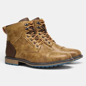 Vintage brown men's Martin boots with distressed leather look and blue sole detail.