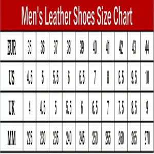 Comprehensive size conversion chart for men's formal business leather Oxford shoes.