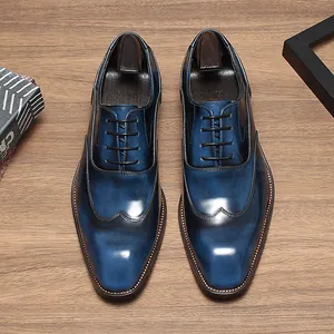 Chaussures de Ville en Cuir pour Hommes Petit Bout Carré Patine à la Main Wingtip Brogue Oxford Chaussures de Business Mariage