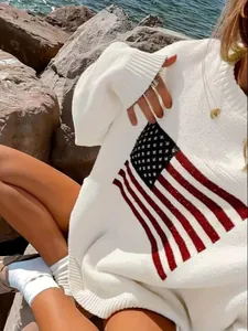 Oversized white knit sweater featuring a vintage American flag pattern on front.