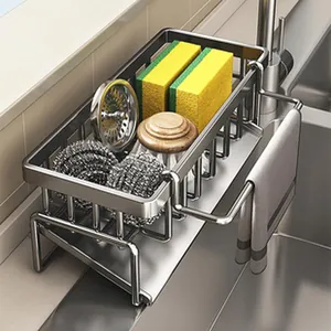 Kitchen Sink Organizer Drain Rack Stainless Steel Sponge Holder Dish Soap Caddy With Rag Bar And Removable Drain Tray