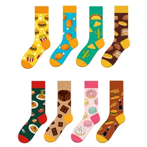 Vibrant novelty crew socks featuring various food patterns like burgers and donuts