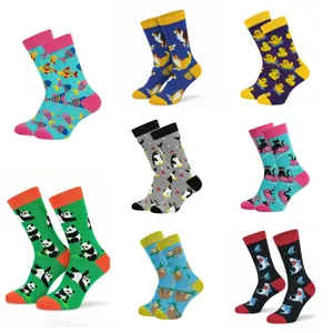 Various animal jacquard crew socks including panda, shark, and penguin patterns.