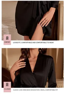 Detail view of black satin bathrobe showing loose fit and classic neckline.