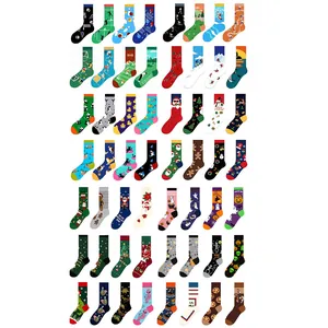 Collection of colorful patterned mid-calf socks featuring sports, Christmas and Halloween themes
