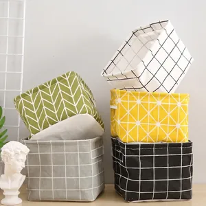 Printed Cotton Linen Storage Basket With Handles Foldable Desk Organizer Cloth Bin For Closet Small Items Clothes Home Storage