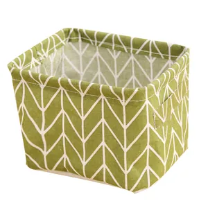 Green chevron printed cotton linen storage basket with handles for desktop organizing