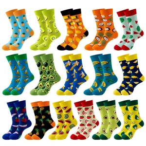 Colorful unisex mid-calf cotton socks with various fruit patterns on white background