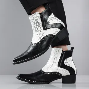 Detailed macro view of men's British pointed toe boots featuring black and white crackle design.