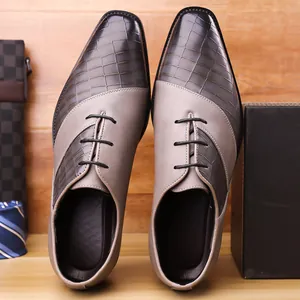 Men's grey British business formal Oxford shoes with crocodile embossed leather details.