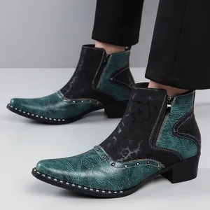 Stylish men's teal and black Chelsea boots with metallic studs and side zipper detail