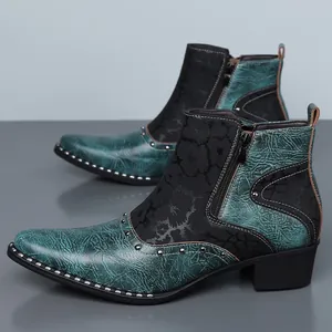 Detailed view of men's British style Chelsea boots with crackle leather and studs