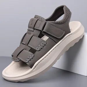 Sandales en Cuir Décontractées pour Hommes Bout Ouvert Chaussures de Plage Respirantes Bande Auto-Agrippante Sandales de Conduite Couleur Unie