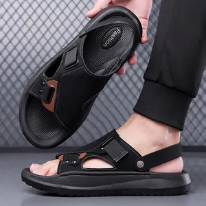 Ανδρικά δερμάτινα μαύρα σανδάλια καλοκαιρινά casual παπούτσια παραλίας εξωτερικού χώρου