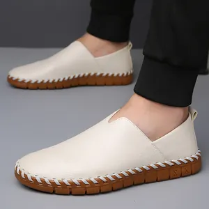 Mocassins en cuir blanc crème pour hommes avec semelle antidérapante en caoutchouc