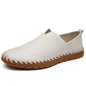 Mocassins en cuir véritable blanc pour hommes avec semelle antidérapante pour conduire