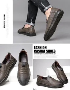Detail shots of men's stylish brown slip-on leather shoes with non-slip thick soles