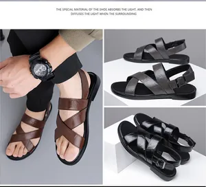 Detail view of men's cross-strap sandals in various colors with comfortable buckle straps.