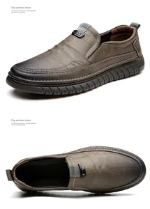 Detailed side and top views of textured brown men's slip-on loafers